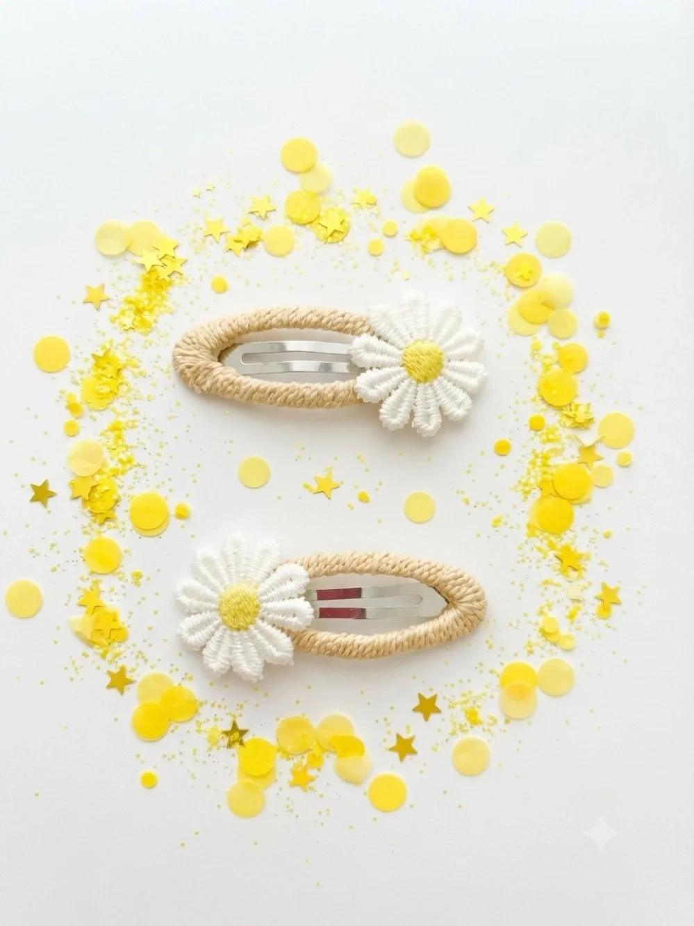 Handmade Daisy Hair Clips Set of 2 White Yellow Floral Barrettes